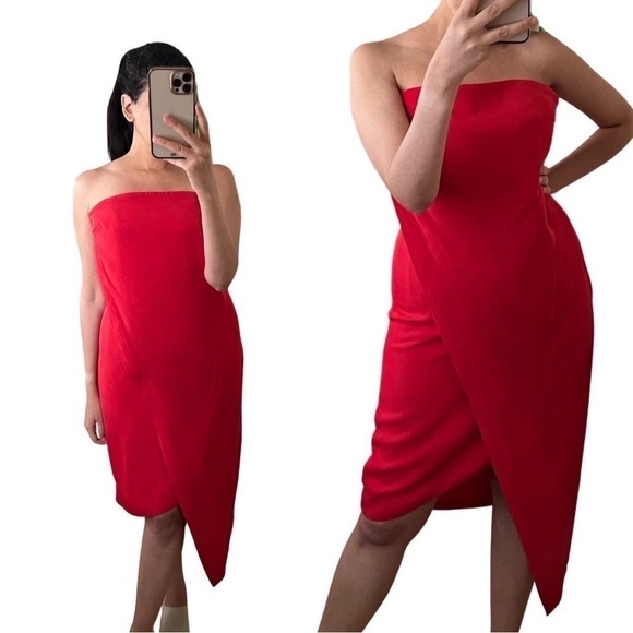 KEEPSAKE The LABEL Asymmetrical Cocktail Strapless Red Midi Dress Size M - Picture 1 of 7